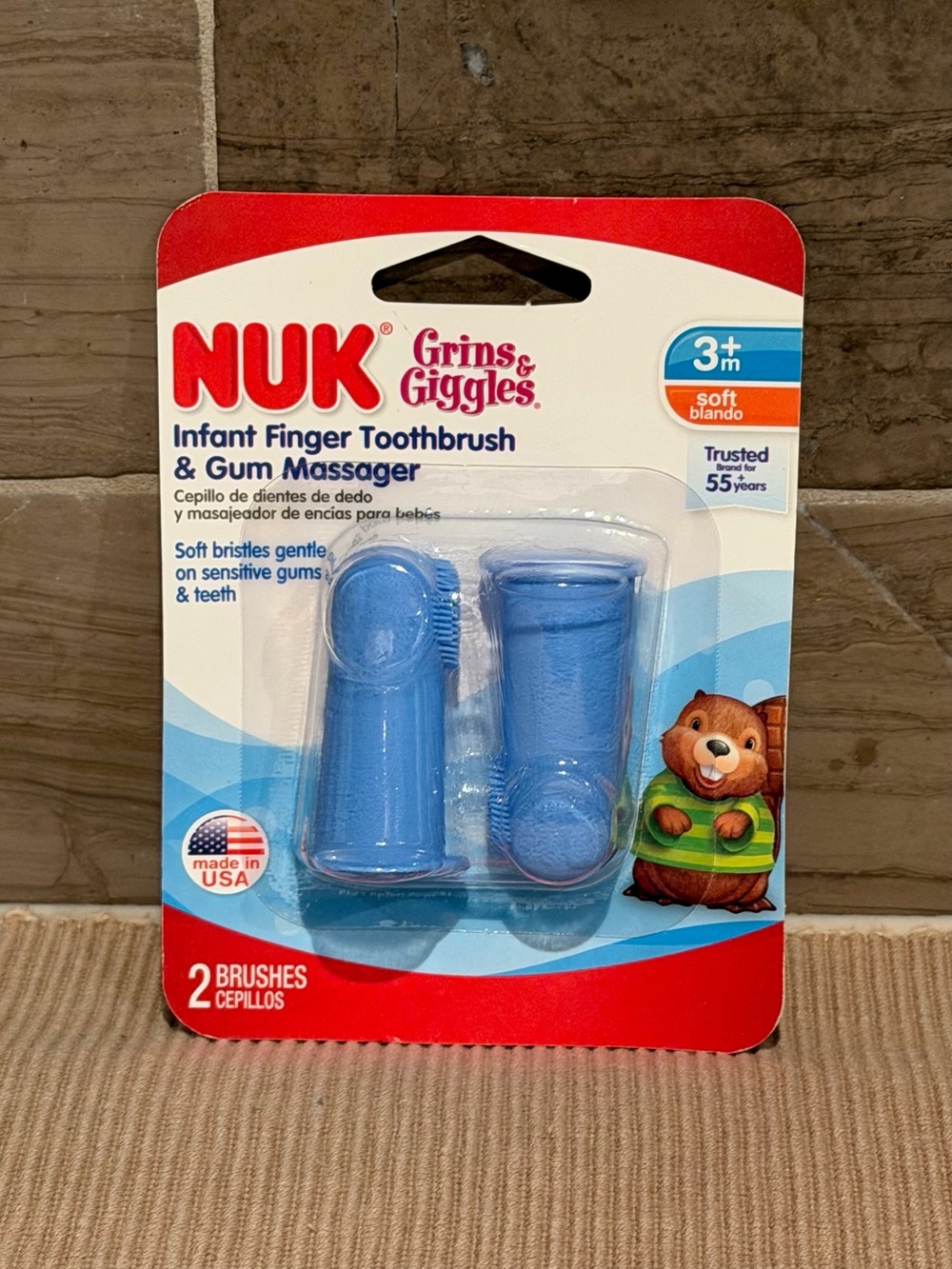 NWT NUK Grins & Giggles Infant Finger Toothbrush & Gum Massager 2 Pack Blue 3m+